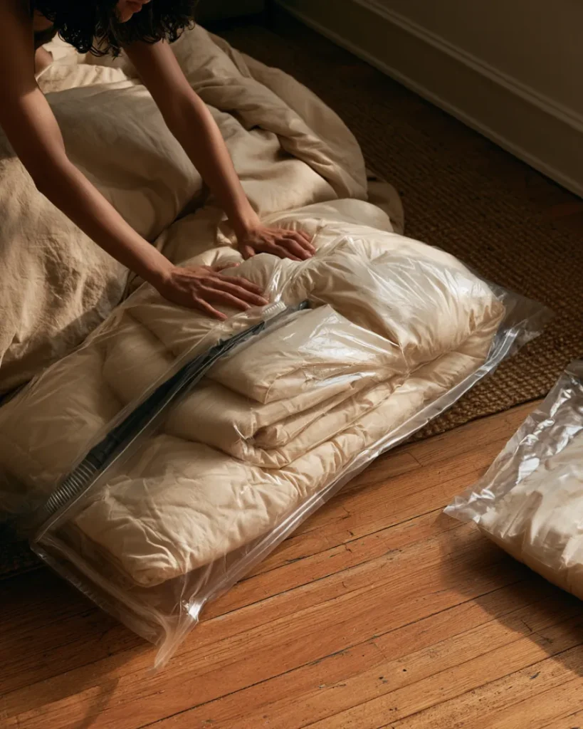 Hands compressing a vacuum bag holding a duvet, flattened at one end and still lofted at the other