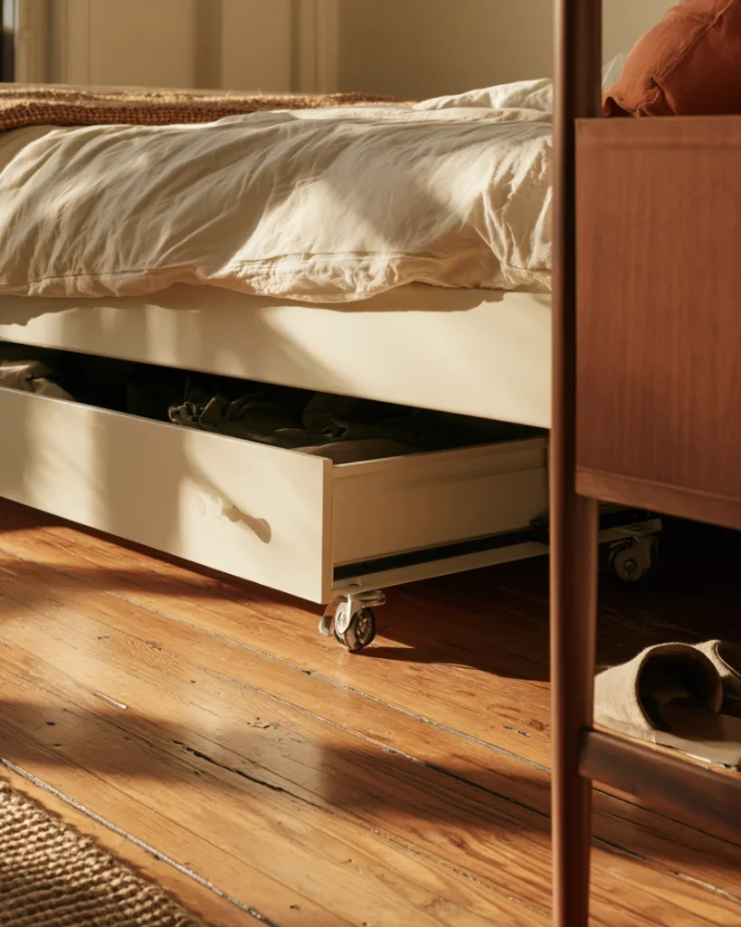 Rolling drawer pulled out from under a bed with a clear access strip beside it