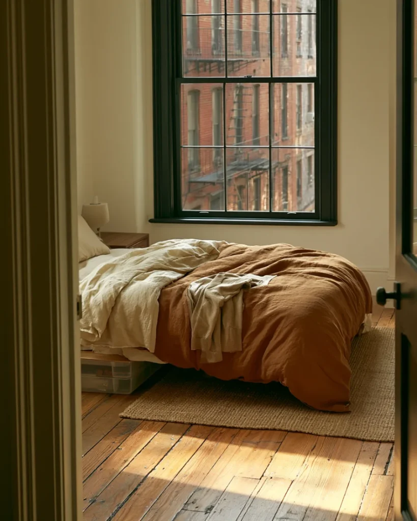 Small bedroom with under bed storage containers in place and the floor completely clear
