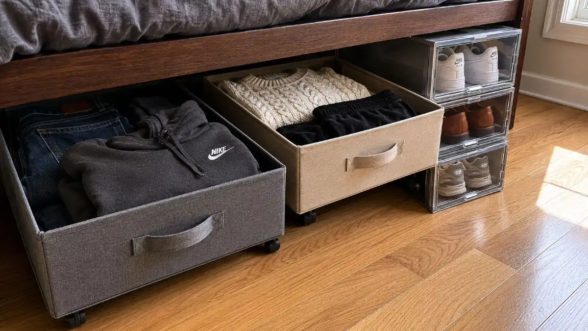 under bed storage ideas with rolling fabric drawers and clear shoe boxes in a small bedroom