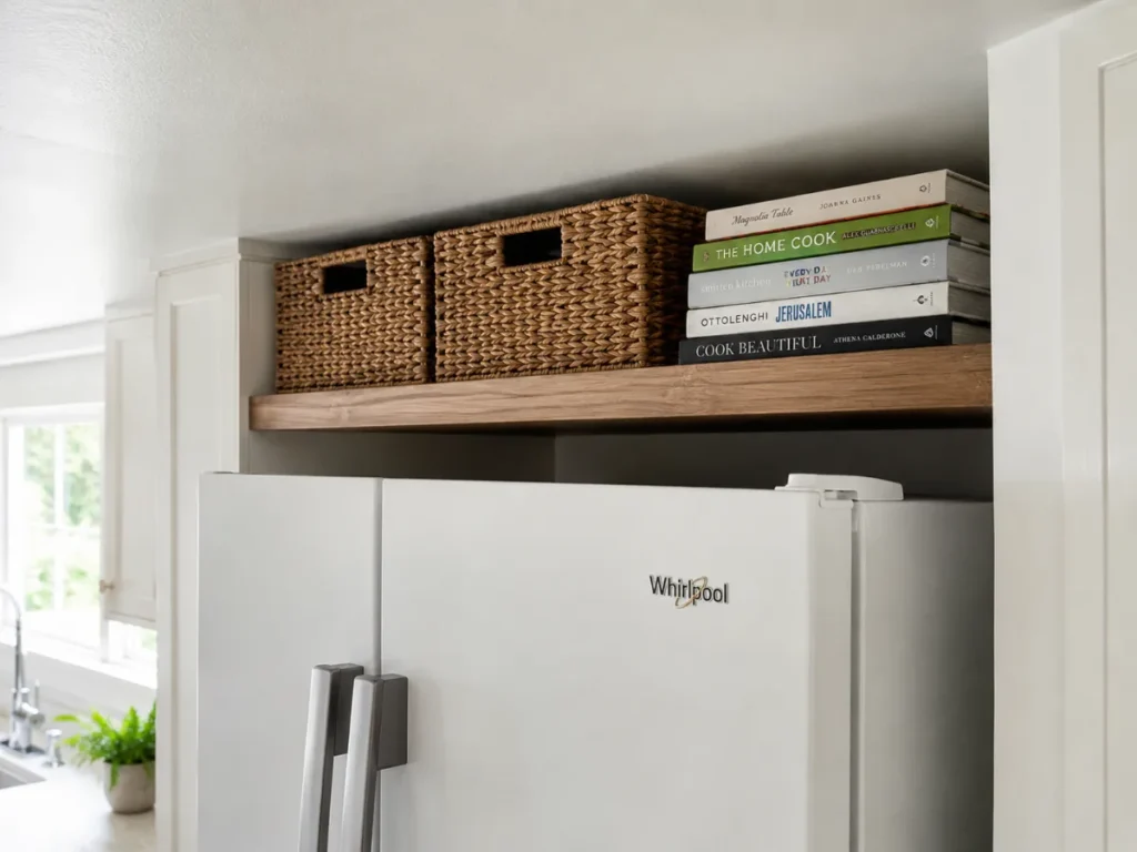 floating wood shelf above a white refrigerator holding three woven baskets and stacked recipe books in the space before the ceiling