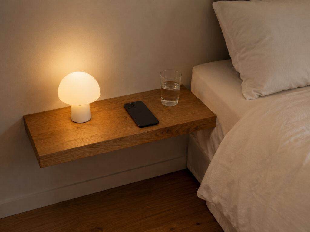 floating shelf used as a nightstand beside a bed — one of the most practical bedroom shelf ideas for small spaces