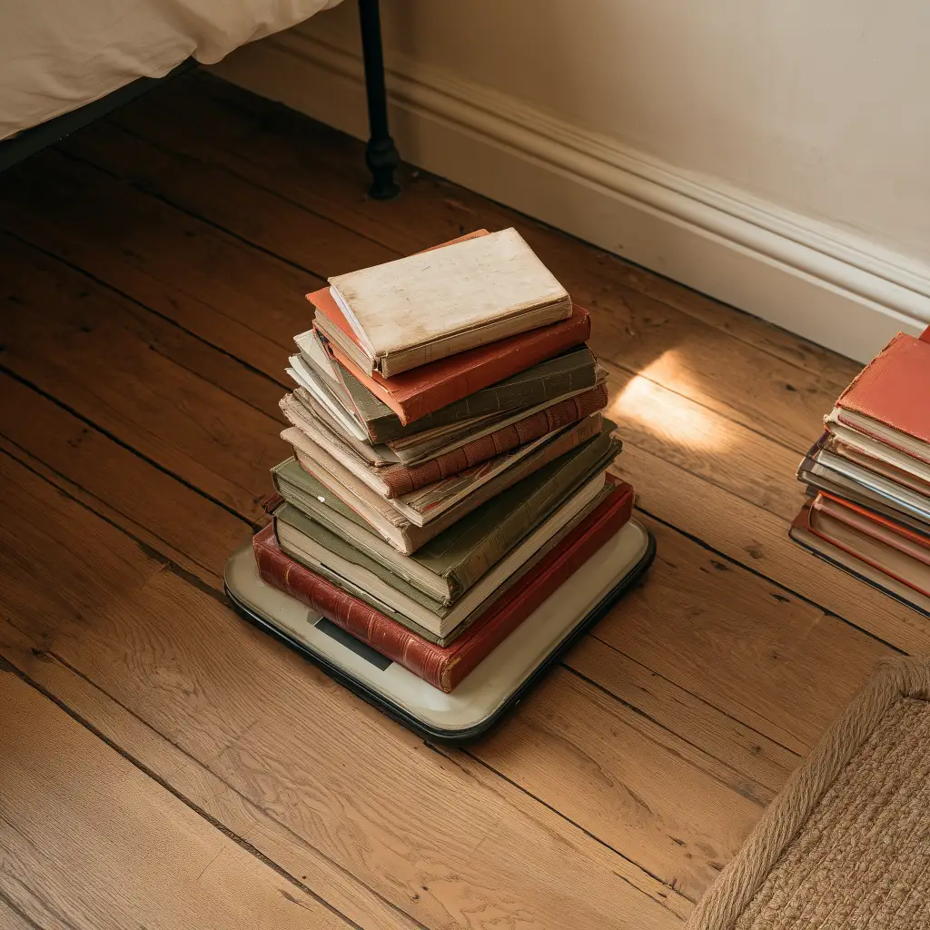 Stack of hardback books on bathroom scales, the first step in these bedroom shelf ideas