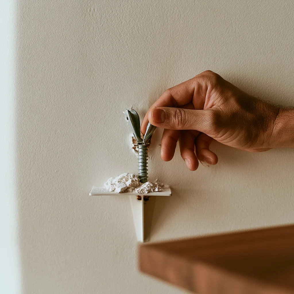 Toggle bolt being pushed into a drilled hole in a plaster wall before fitting a shelf bracket