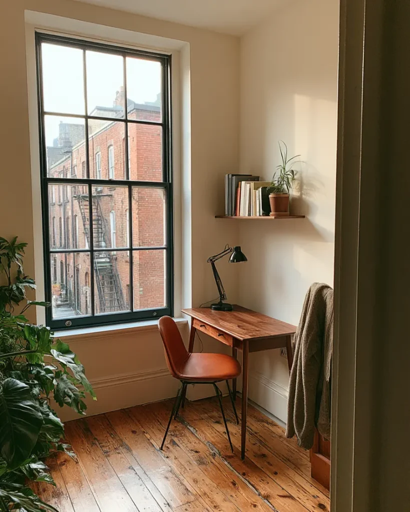 Shallow shelf mounted above a bedroom desk carrying books and a small plant