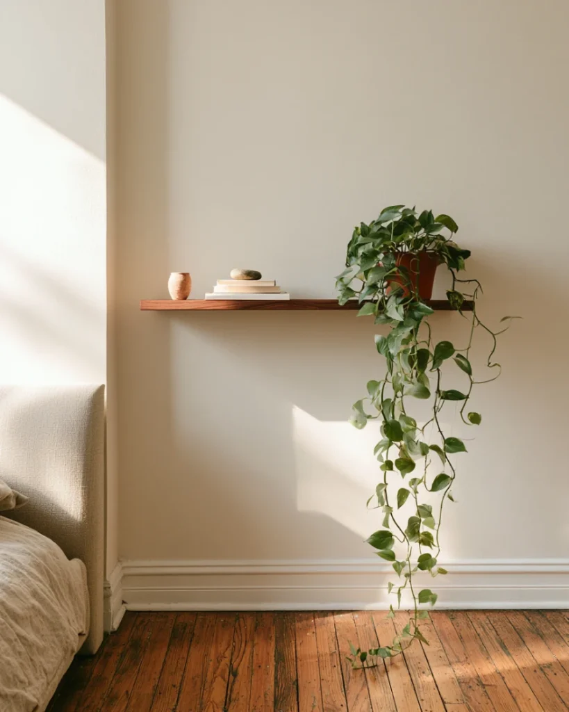 Shallow shelf holding three objects at three heights with a third of the surface left empty