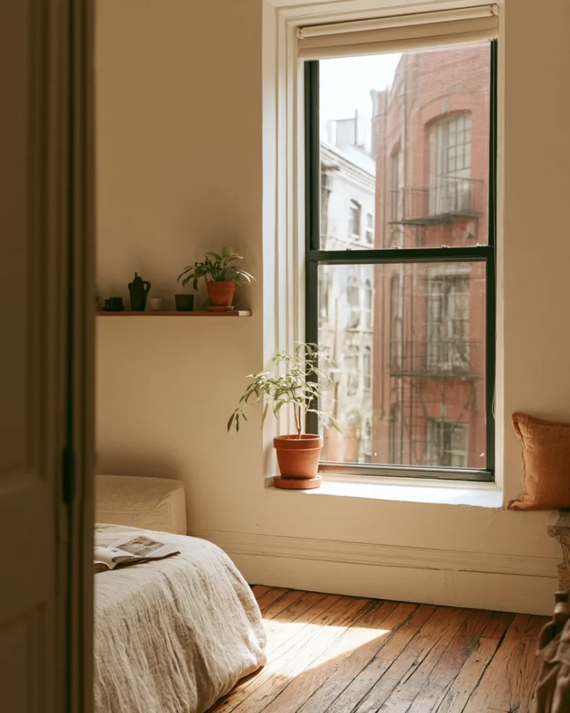 Shallow bedroom shelf seen against window light with the room in soft shadow