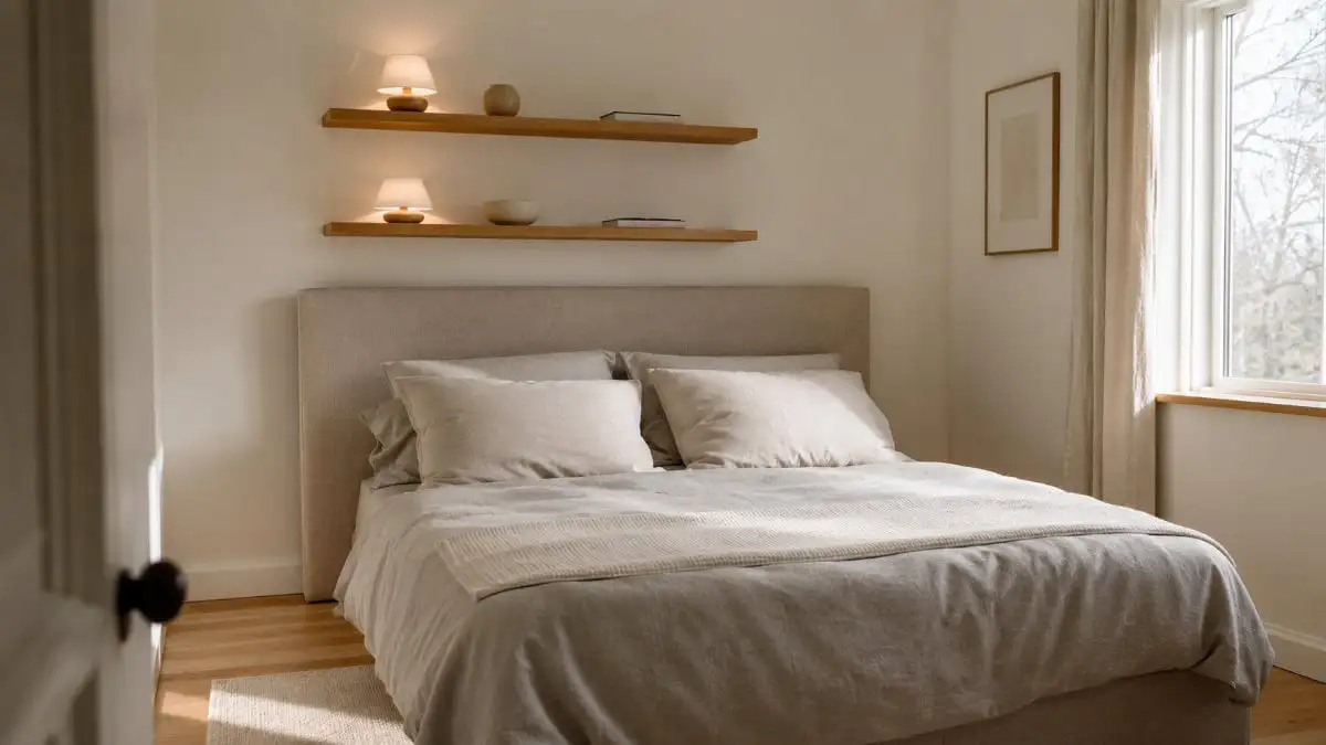 bedroom shelf ideas showing two wide oak floating shelves above a bed with small lamps and minimal styling