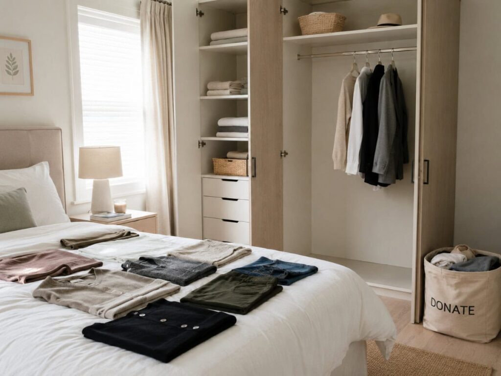 clothes sorted on a bed beside an open wardrobe with a donate bag on the floor during a bedroom declutter