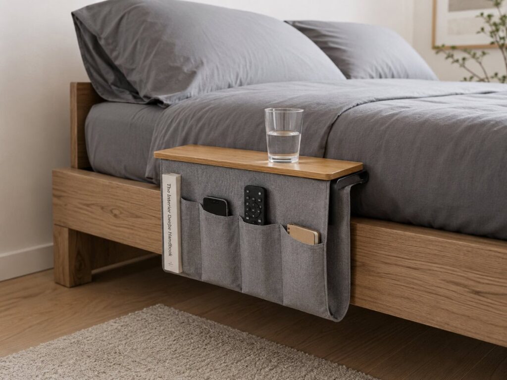 fabric bedside caddy hanging from platform bed frame showing pockets holding book, phone, and small items