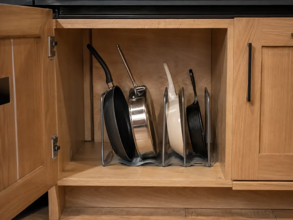 cabinet pots and pans storage ideas with vertical pan organizer inside lower kitchen cabinet