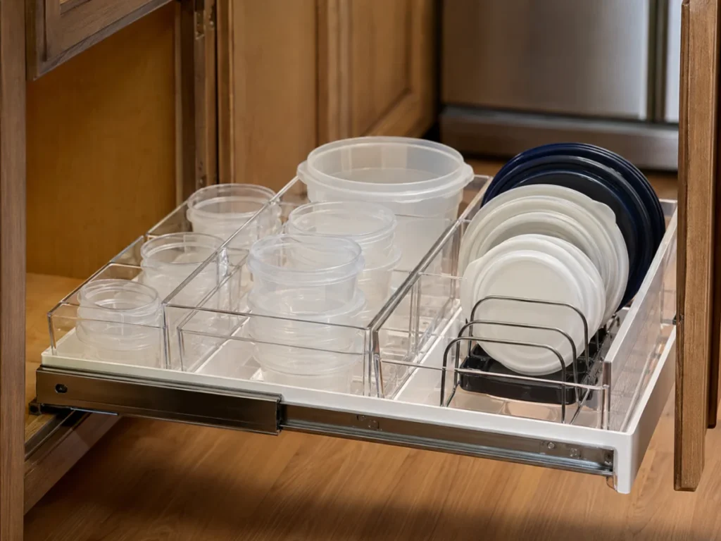 cabinet tupperware organization ideas with pull-out organizer and clear bins showing containers sorted by size