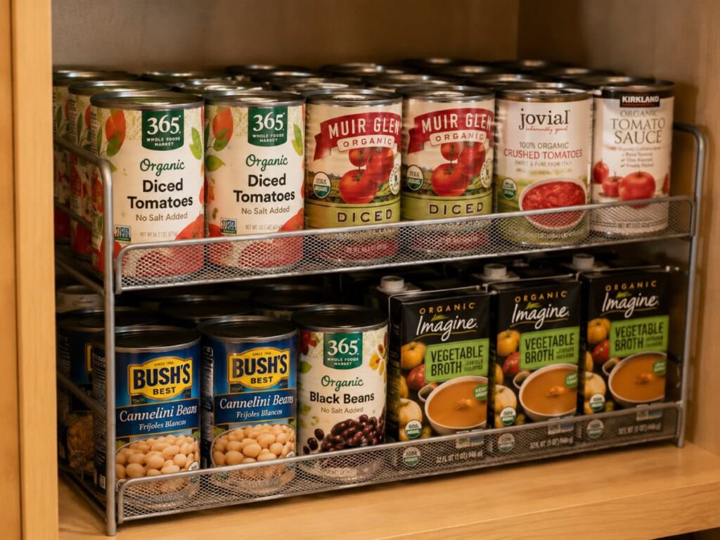 can organizer rack on pantry shelf with rows of labeled canned goods