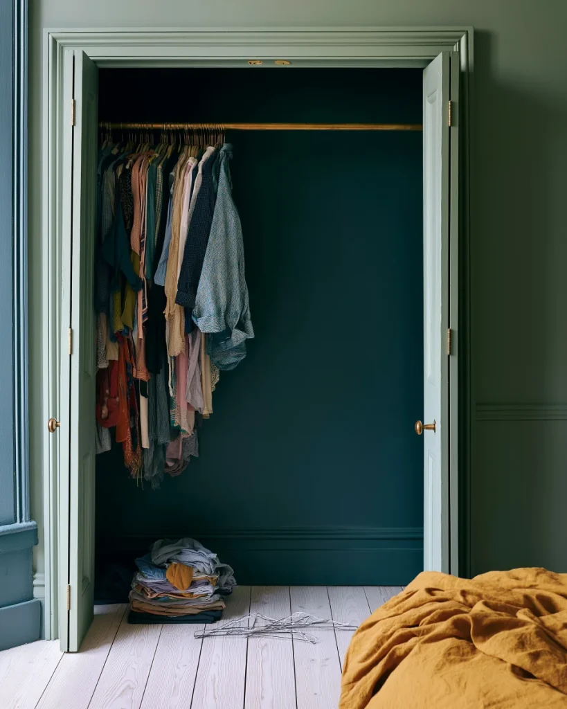 A reach-in closet half emptied before a cloffice conversion, hanging clothes pushed to one side and the bare rod visible on the other.