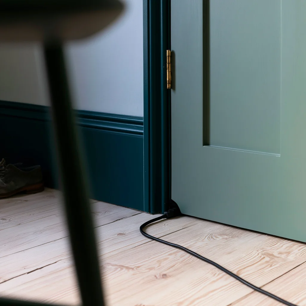 Close crop of a power cord running out from under a closet door across the floorboards, the shortcut a cloffice should not rely on.