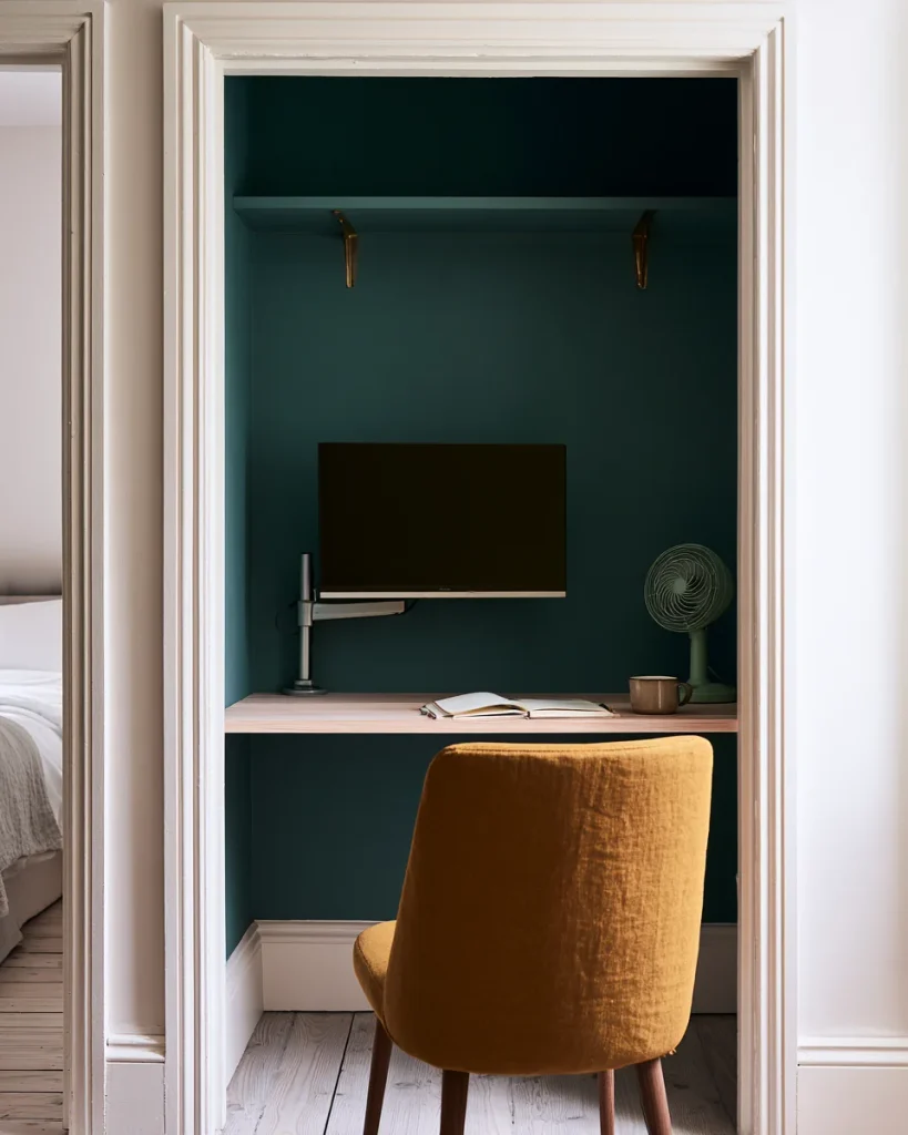 A finished cloffice in a reach-in closet with the doors removed, a monitor on a clamped arm and a small clip fan angled at the back wall.