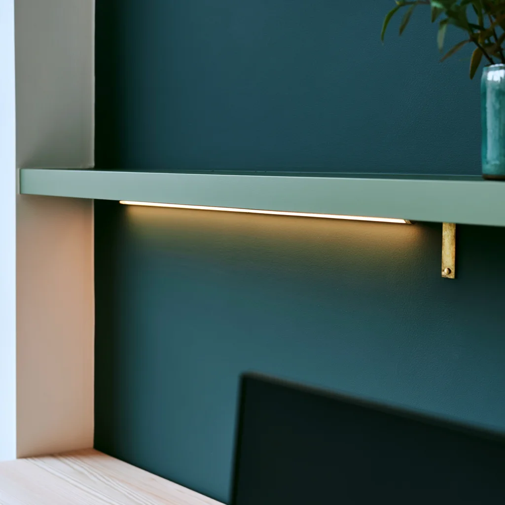 Close view of an LED strip mounted under a shelf, washing light across the deep teal back wall of a cloffice rather than down onto the desk.