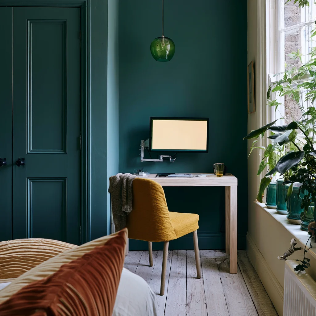 A narrow desk set against a bedroom wall with the closet left intact behind the camera, the option that often beats a cloffice conversion.