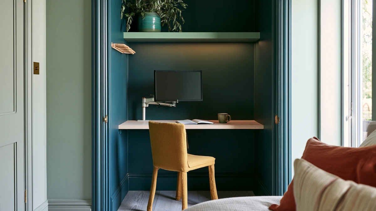 A cloffice built into a reach-in closet, seen from across the bedroom with the doors removed and a retained clothes rail at one side.