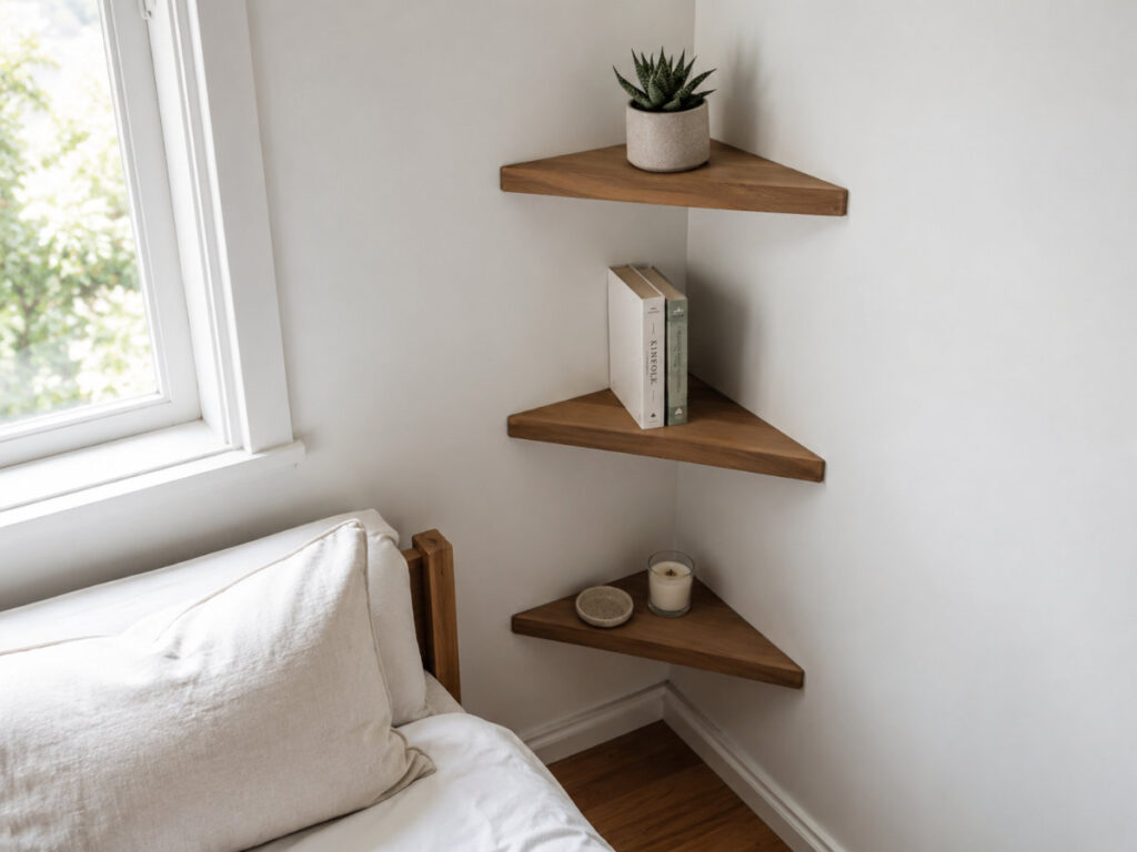 three corner floating shelves in a small bedroom with a succulent, books, and a candle