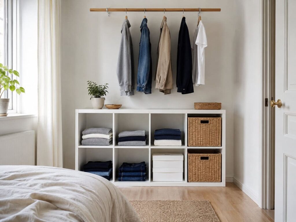white cube shelf unit used as an open wardrobe with folded clothes, baskets, and a hanging rod above