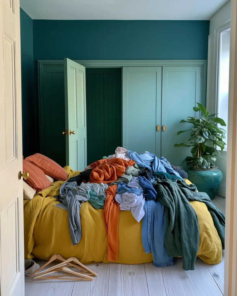 Forty garments heaped on a bed at the start of a session to declutter clothes