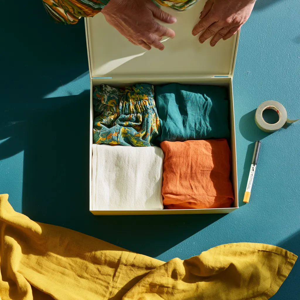 Four kept garments folded into a dated memory box stored outside the bedroom
