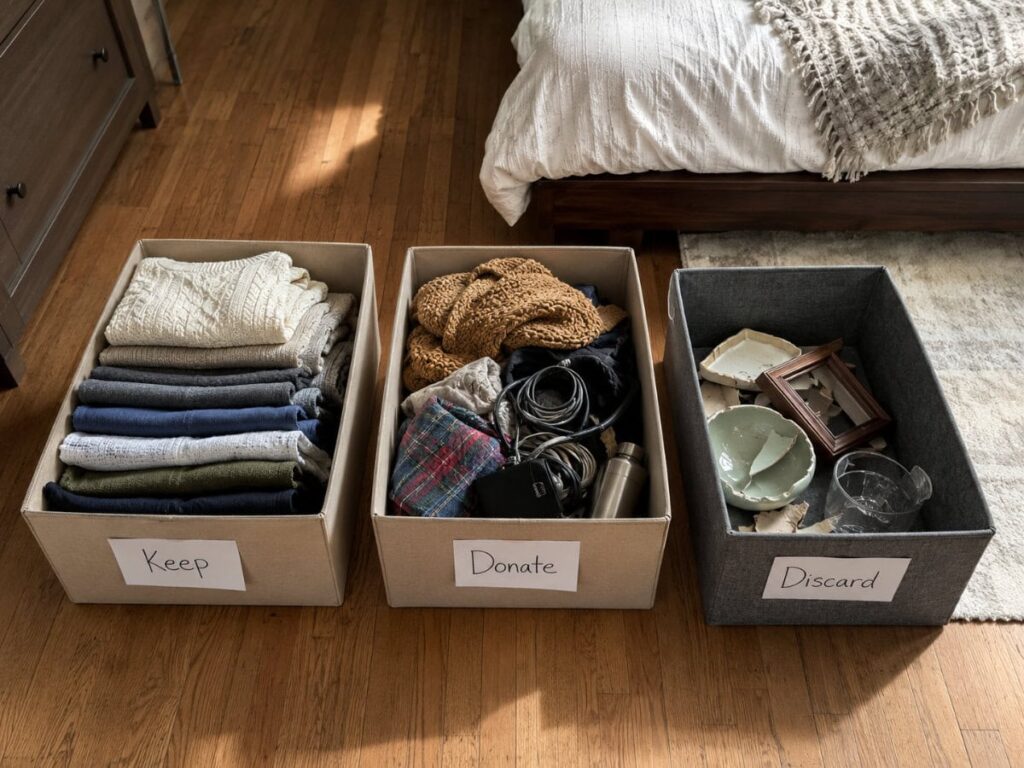 the three container method for how to declutter your room — keep, donate, and discard boxes on a bedroom floor