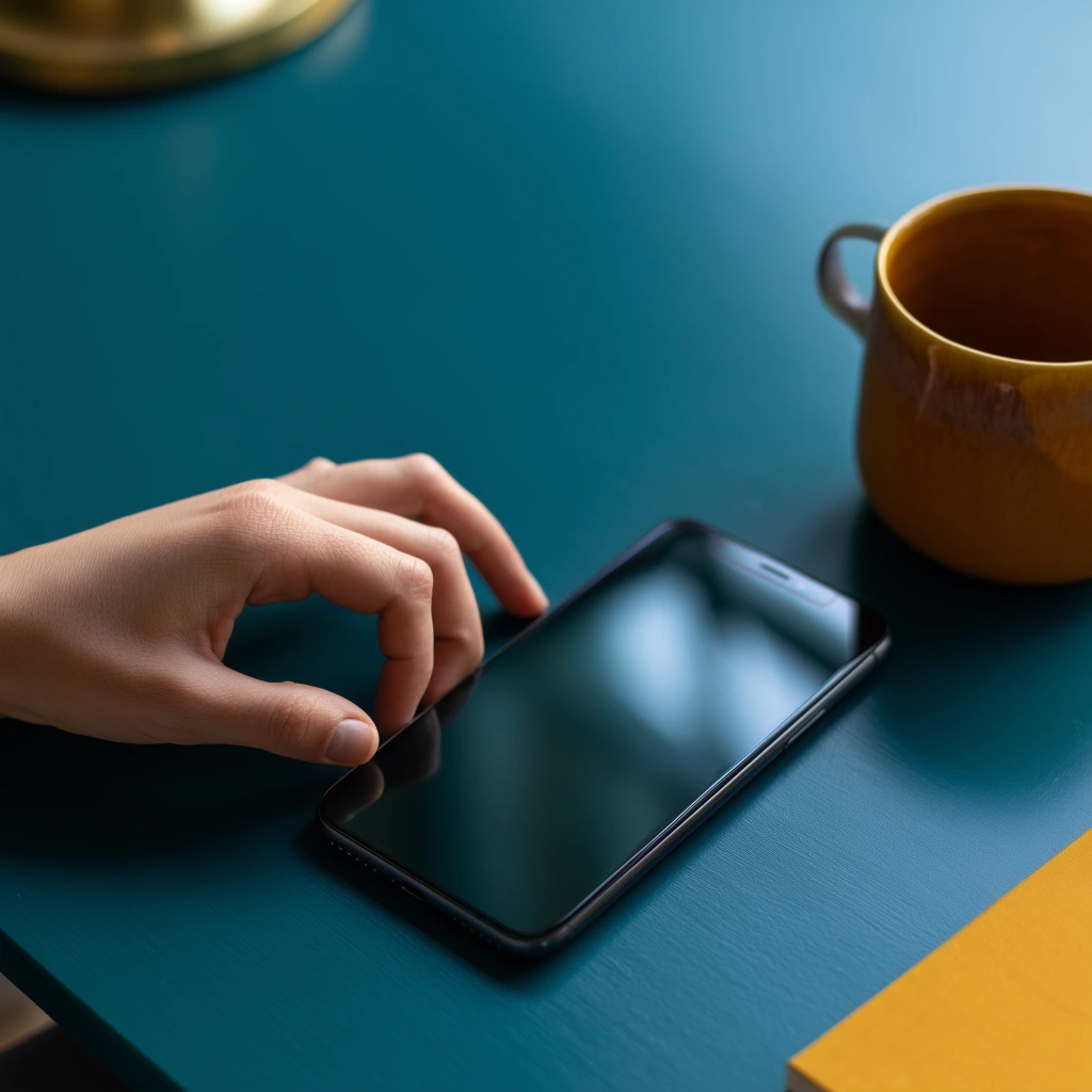 Hand holding a phone with a blank screen, the starting point of a digital declutter
