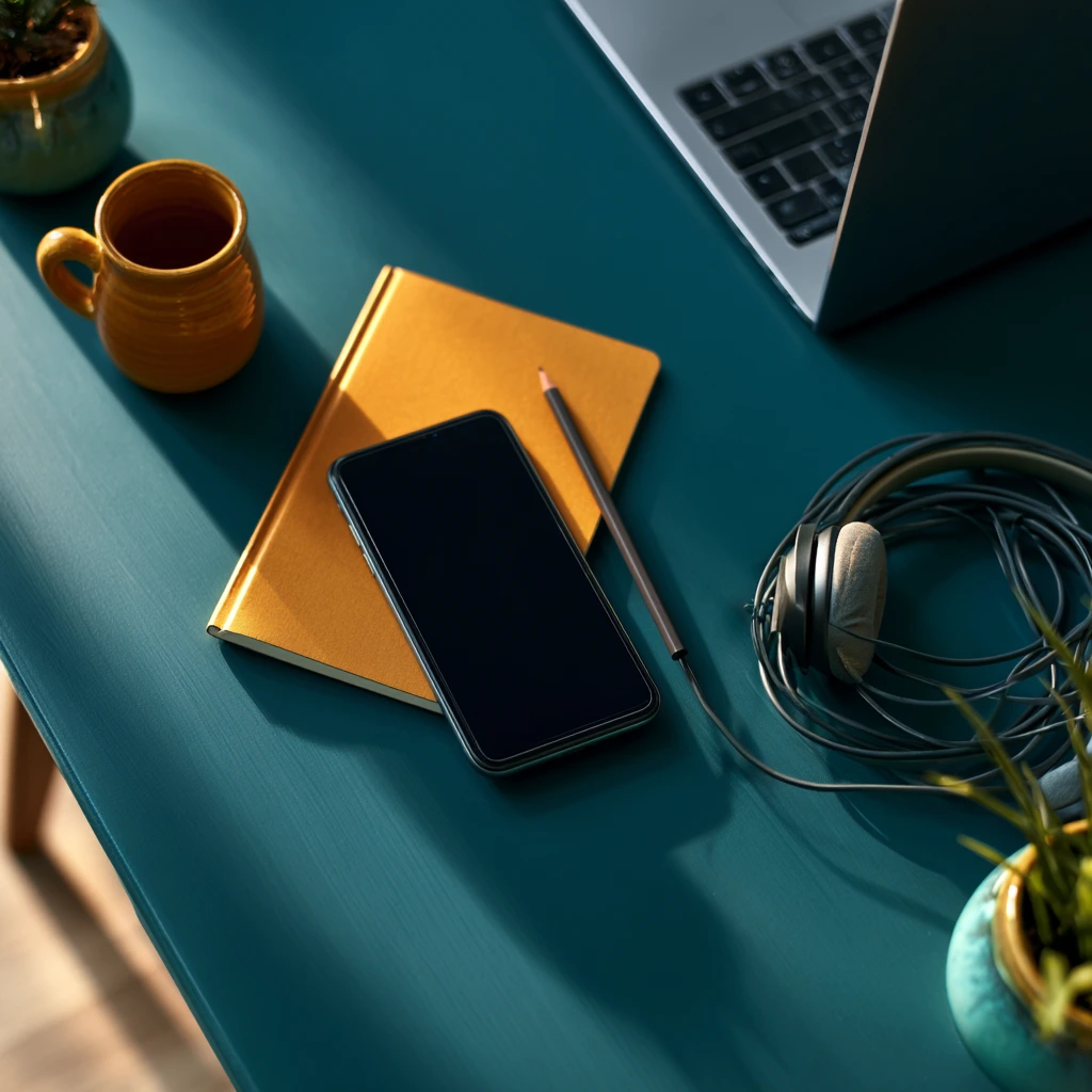 Phone face up on a desk with a blank screen beside a notebook and headphones