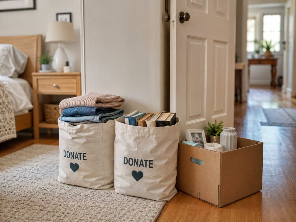 two donate bags filled with clothing and books beside a cardboard box near a bedroom door ready to leave after decluttering