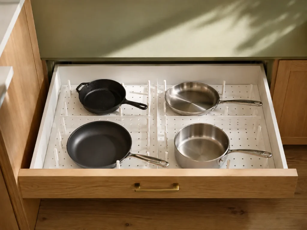 drawer pots and pans storage ideas with peg organizer holding small pans flat in kitchen drawer