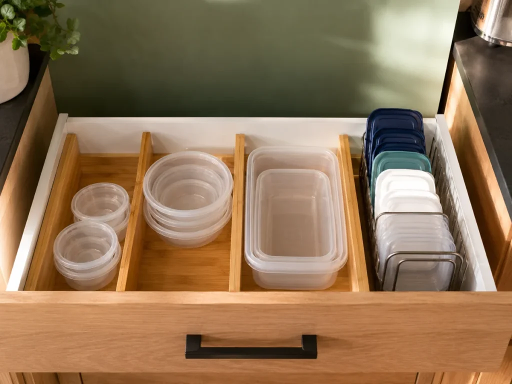 drawer tupperware organization ideas with bamboo dividers separating containers by size in kitchen drawer