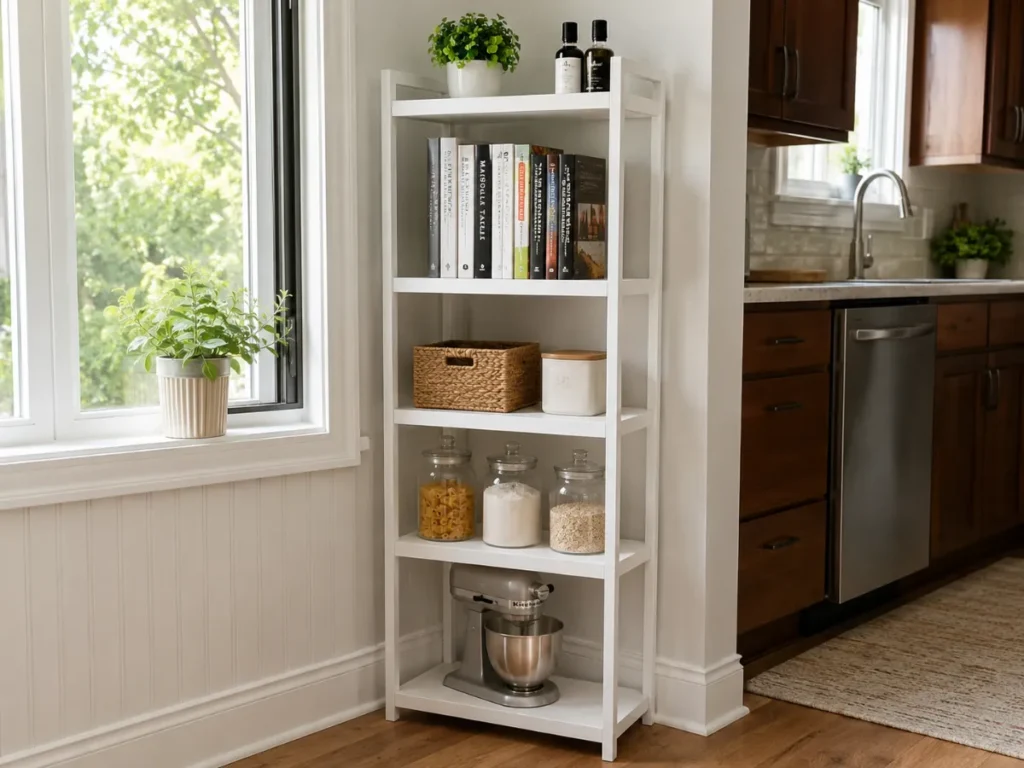 narrow five-tier white freestanding shelf unit against a kitchen wall holding cookbooks, baskets, glass canisters, and a small plant