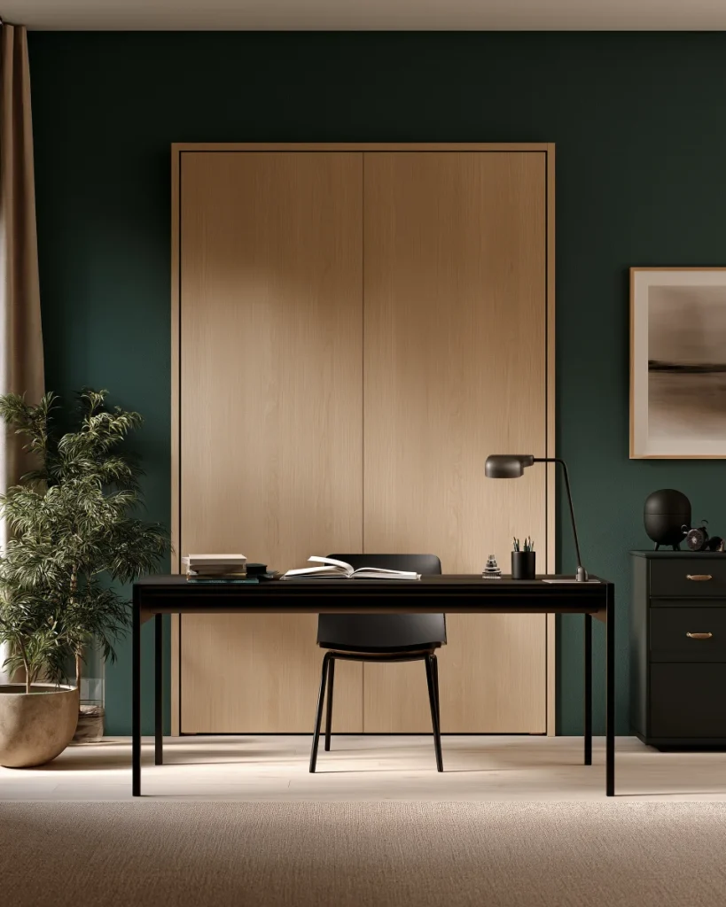 A closed wall bed cabinet behind a working desk in a guest bedroom office, showing how little floor the bed holds between visits.
