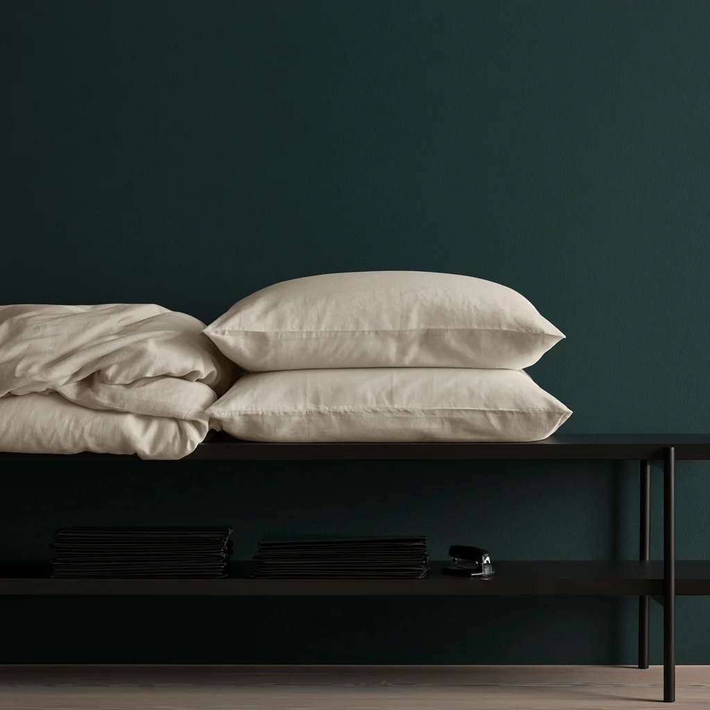 Folded cream guest bedding on a high shelf above office supplies kept at hand height in a guest bedroom office.