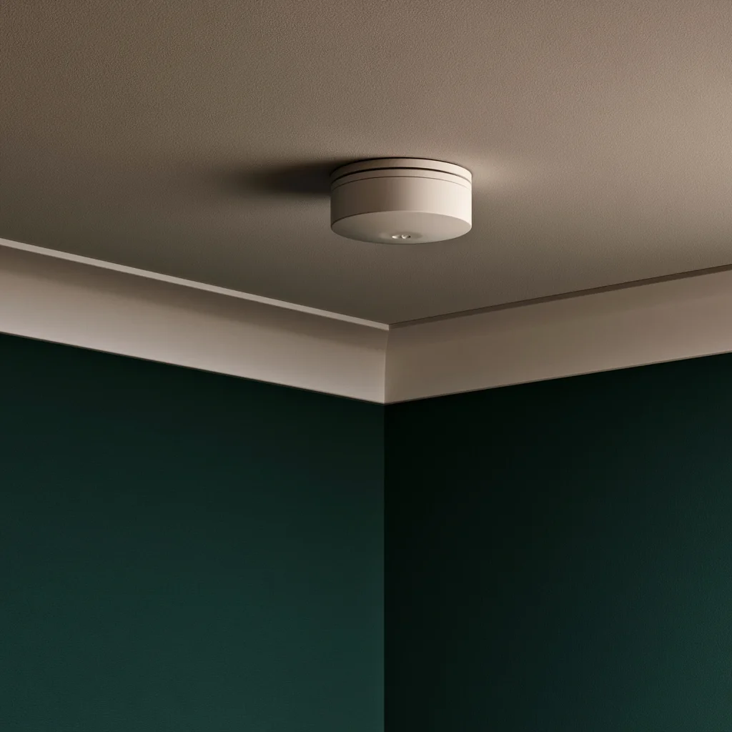 A round white smoke alarm fitted to the ceiling of a small guest bedroom office, with the top of the deep teal wall below it.