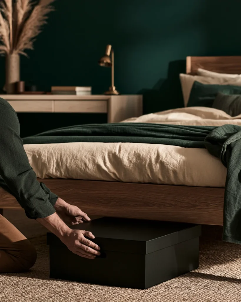 Hands sliding one black lidded box under a bed, holding everything cleared from the desk in a guest bedroom office.