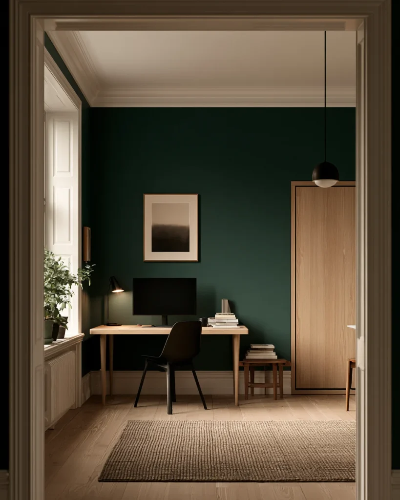 A guest bedroom office in office mode, the desk in use on the window wall and the bed folded away against the far wall.