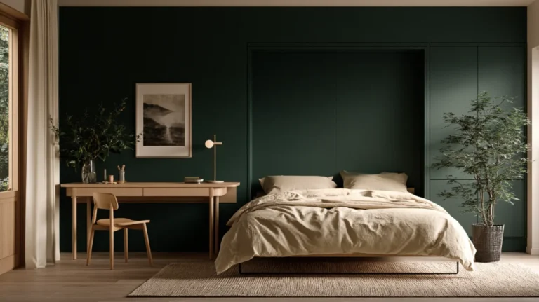 A guest bedroom office in guest mode, the wall bed down and made up in cream bedding with the desk cleared beside it.