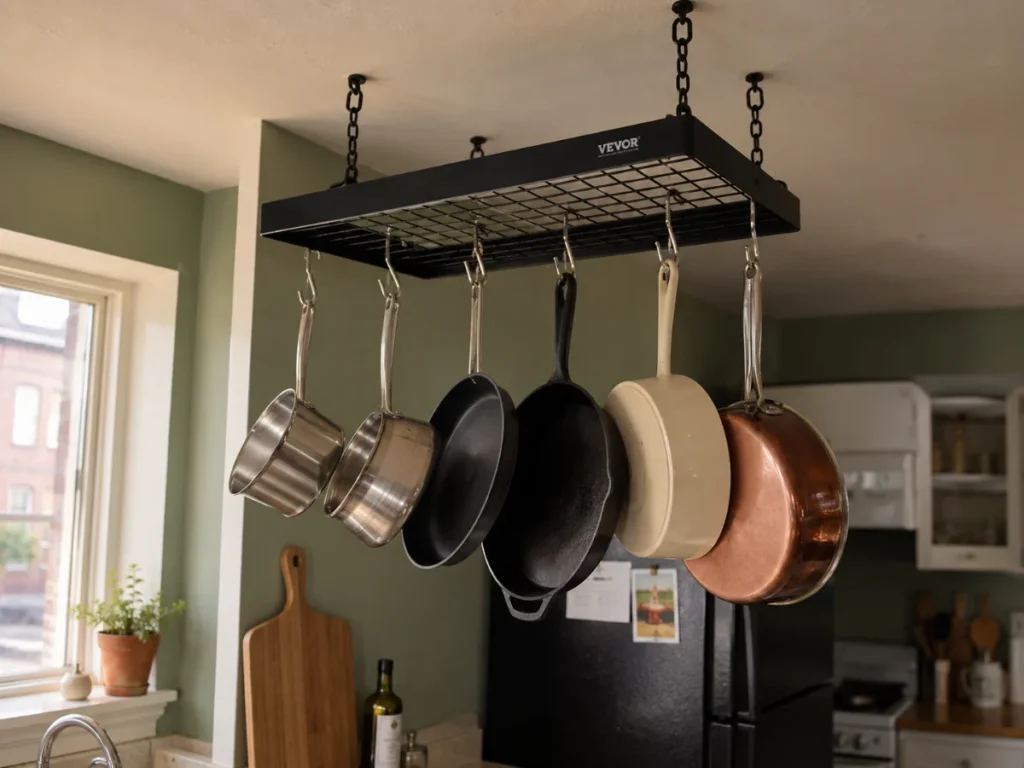hanging pots and pans storage ideas with ceiling pot rack in small kitchen