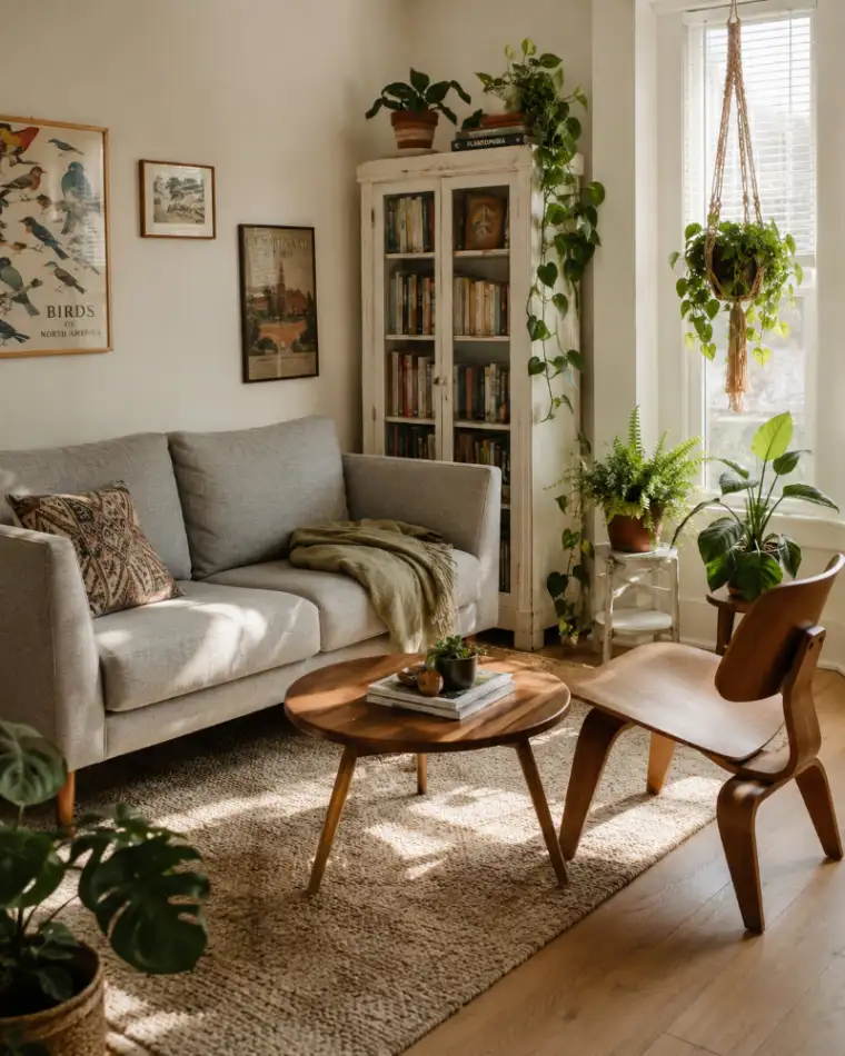 Bright, organized small living space with plants and bookshelf
