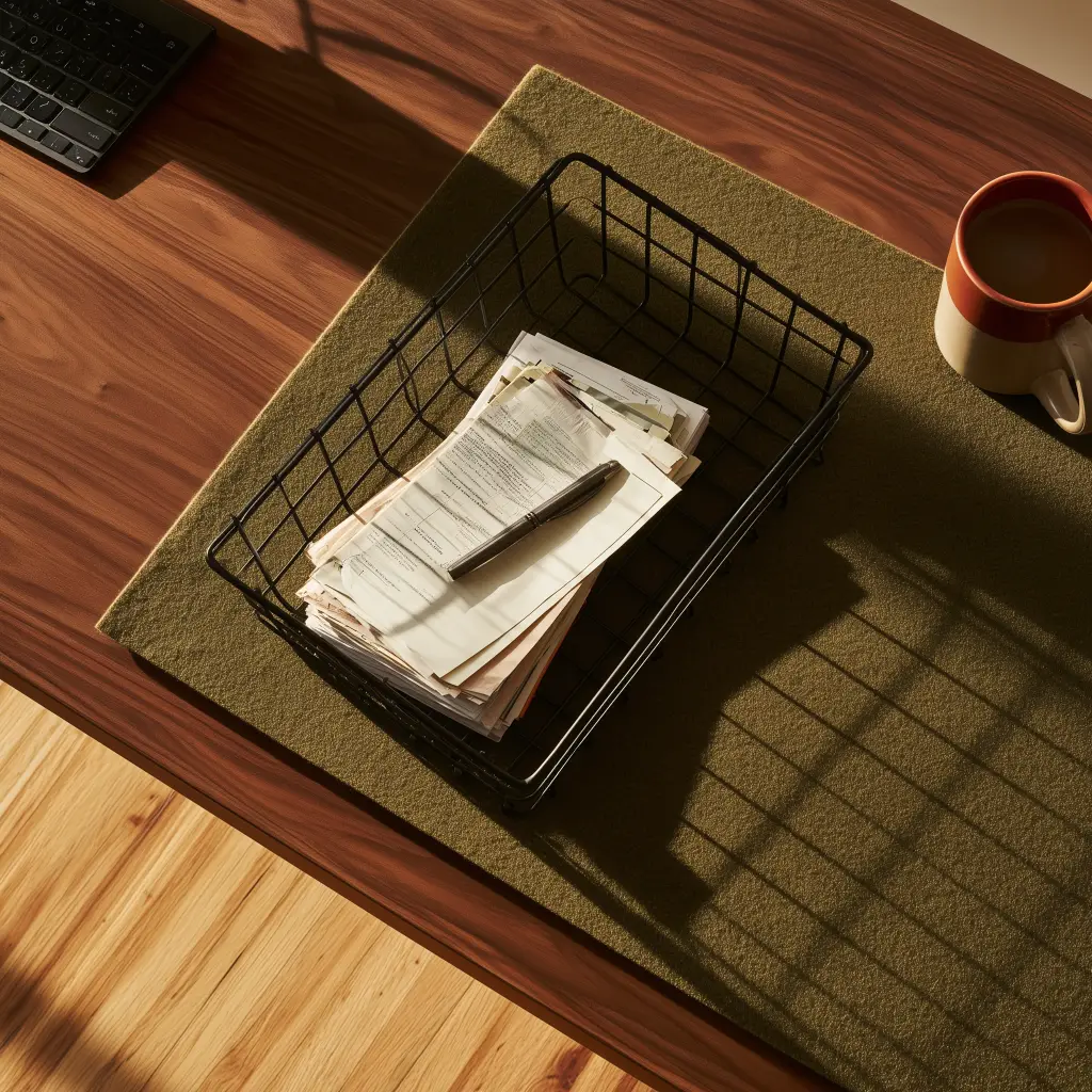 Wire paper tray on a desk with post sorted into three piles during the weekly pass