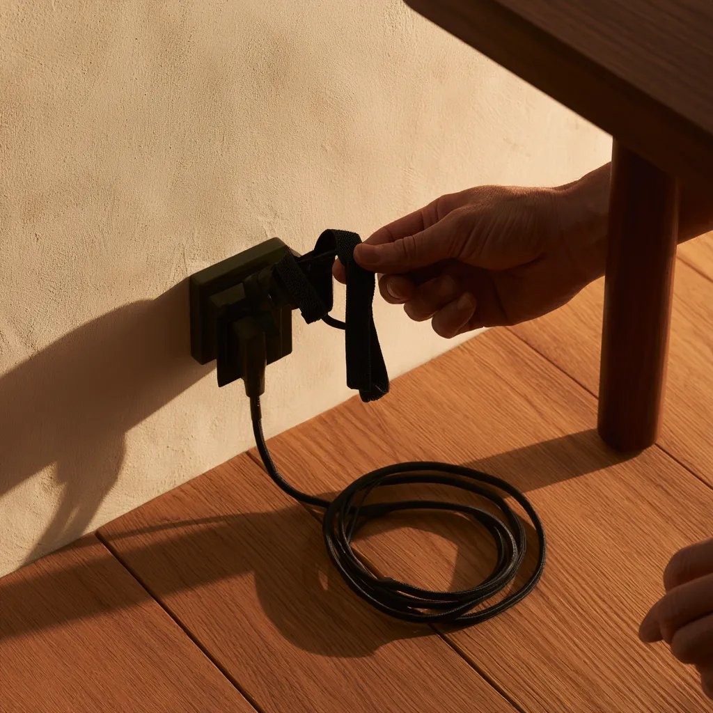 Reusable tie being wrapped around a cable close to its plug rather than halfway along the run