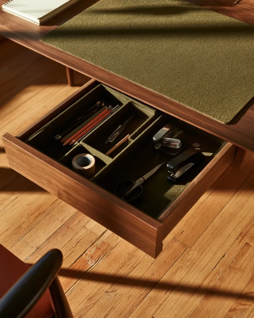 Desk drawer holding a deliberately limited set of stationery with empty compartments left over