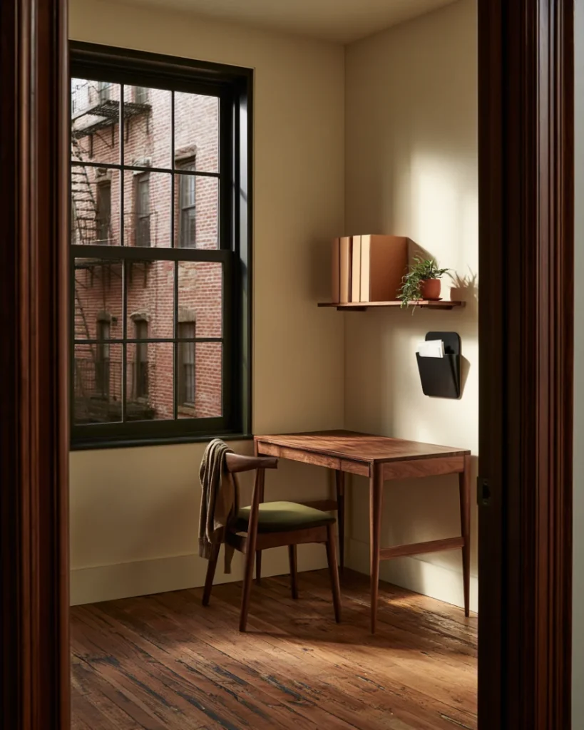 Shallow shelf and wall pocket above a desk, the home office organization move that clears the working surface