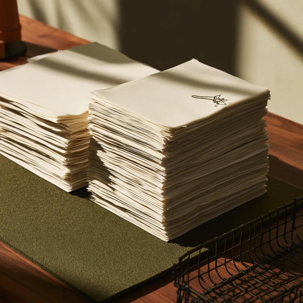 Close view of three sorted paper stacks on a desk, edges layered and slightly uneven