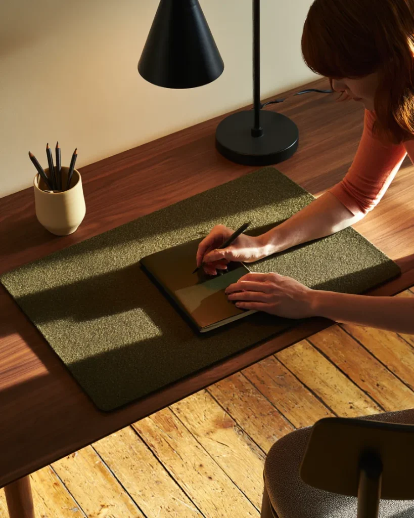 Hands squaring a closed notebook on a cleared desk at the end of the working day