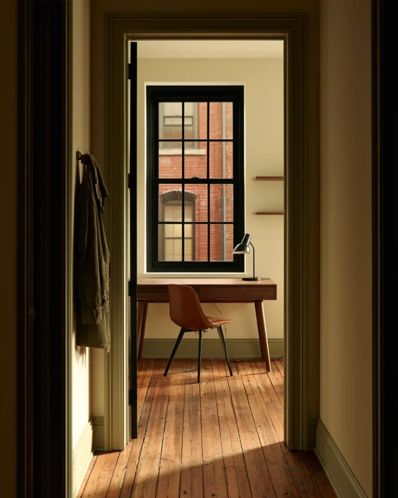 View through a doorway into a small home office with the desk cleared and the chair pushed in
