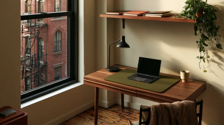 Cleared desk corner after a home office organization reset, with one shallow shelf above
